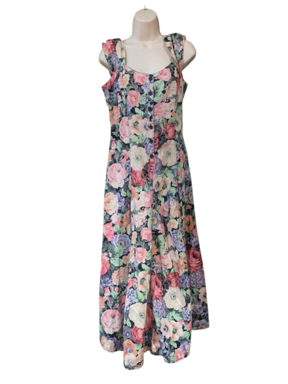 Vtg 90’s Women's Dark floral sleeveless Starina Floral Cotton Maxi Dress Size L